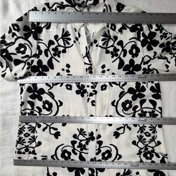Linen Blend Zara Shirt Dress Minimalist Black White Print Button Down Pockets XL - Picture 13 of 16